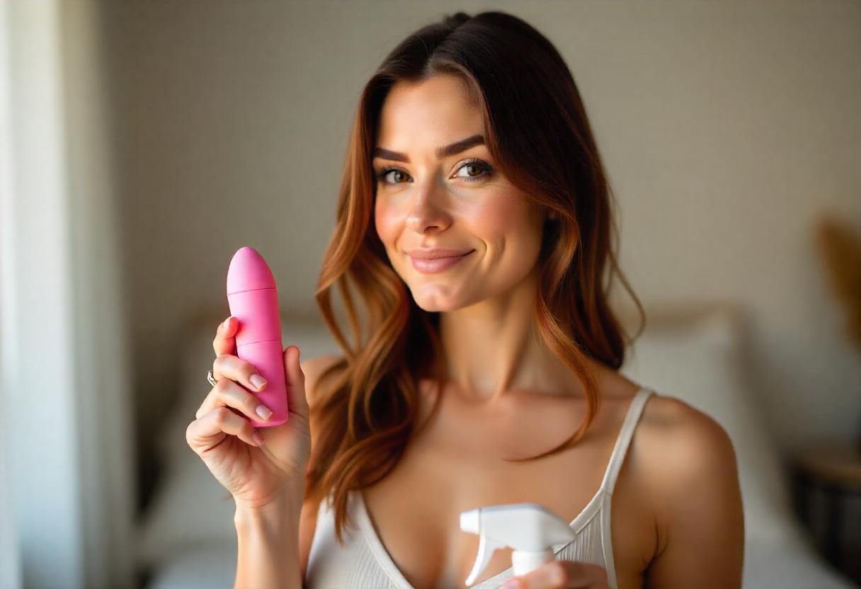 Woman holding pink bottle and spray