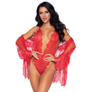 Leg Avenue Floral Lace Teddy and Robe Red - Large