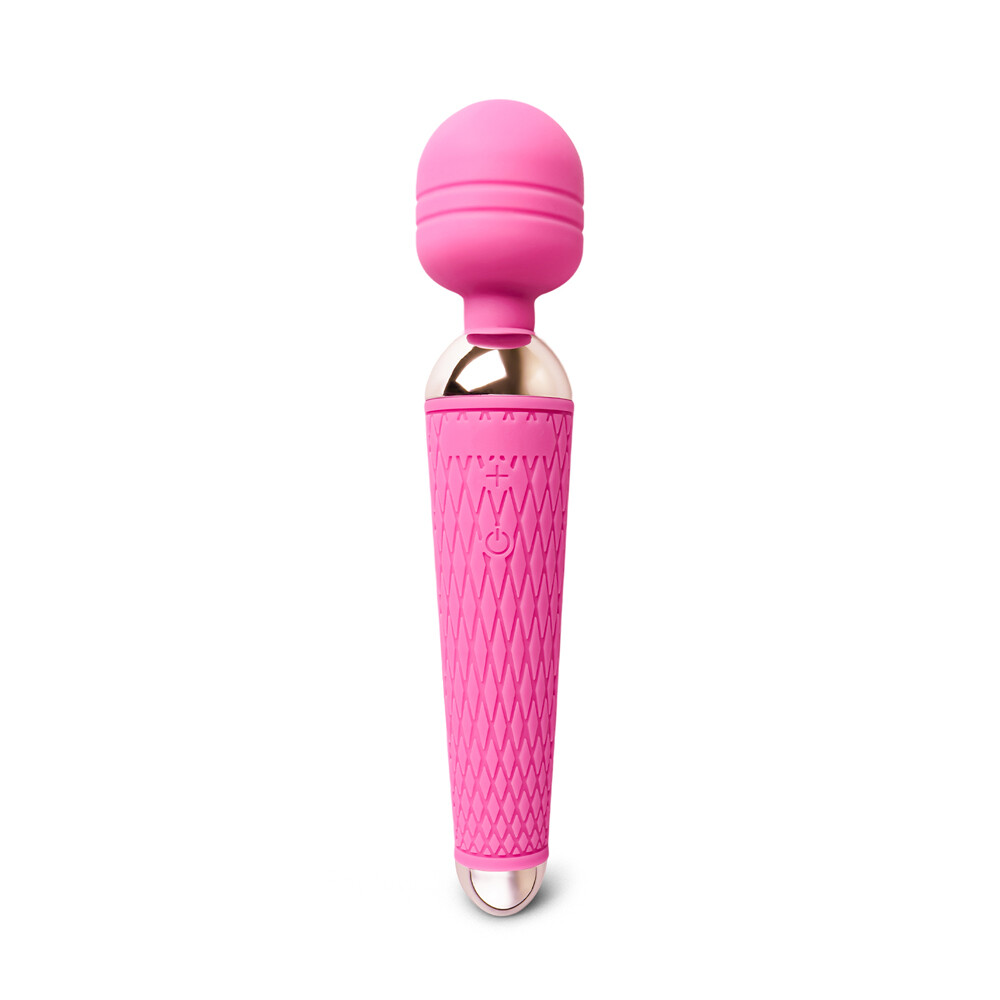 Bright pink massager with a rounded top.